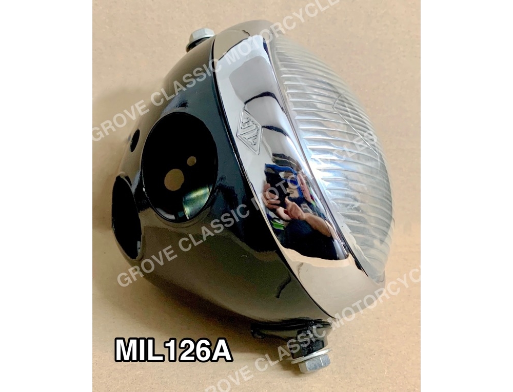 mil126a miller type headlight 6-1/2 inch.  black shell with curved glass
